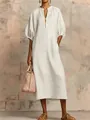 Detalle del vestido midi blanco de algodón y lino con mangas abullonadas y cremallera - S / Tops / Marfil