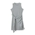 Detailed view of a grey sleeveless dress with pleated waist and irregular hemline. - S / Bottoms / Grayish White