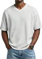 Close-up of men's white waffle knit V-neck T-shirt with raglan sleeves and textured fabric. - S / Tops / White