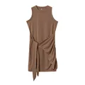Detailed view of a brown sleeveless crewneck ruched wrap dress with an asymmetrical hem - Coffee