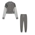 Women's two-piece grey and white varsity jacket tracksuit set with letter B print - S / Top And Bottom / Gray