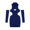 Sexy navy blue hollow-out halter bodycon dress with matching separate long sleeves - S / Dress With Sleeves Set / Blue