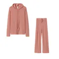Detailed flat lay of women's pink ribbed knit oversized hoodie and pants lounge set - Pink