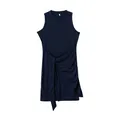 Navy blue sleeveless dress with round neck, tie waist and asymmetrical pleated hem - Dark Blue