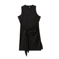 Close-up detail of black sleeveless dress with ruched tie waist and asymmetric hem - Black