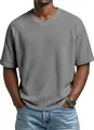 Detailed view of grey waffle knit texture on men's V-neck raglan sleeve t-shirt. - S / Tops / Gray
