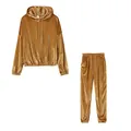 Two-piece golden velvet tracksuit set with a hooded long-sleeve top and joggers - S / Top And Bottom / Brown