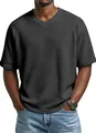 Close-up of men's charcoal waffle knit T-shirt featuring raglan sleeves and V-neck - Black