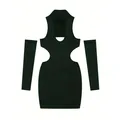 Sexy dark green cut-out halter bodycon mini dress with separate matching arm sleeves - S / Dress With Sleeves Set / Green