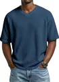 Stylish blue waffle knit V-neck t-shirt for men featuring comfortable raglan sleeves. - Navy Blue