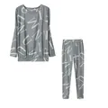Detailed view of two-piece grey loungewear set with stylish white alphabet print. - S / Top And Bottom / Gray