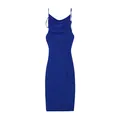 Front view of a sexy blue cowl neck bodycon midi dress with thin straps - Sapphire Blue