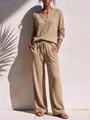 Cozy khaki waffle knit two-piece set with Henley top and drawstring wide-leg pants - Khaki