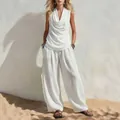 White sleeveless cowl neck top and wide-leg trousers casual summer set - S / Top And Bottom / White