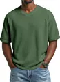 Detailed view of olive green men's waffle knit T-shirt featuring a V-neck and raglan sleeves - Army Green