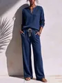 Two-piece navy blue waffle knit lounge set for women, casual long sleeve style - Navy Blue