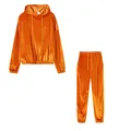 Detail view of a vibrant orange gold velvet hoodie and jogger pants two-piece casual lounge set. - S / Top And Bottom / Earthy Yellow