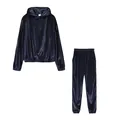 Detailed look at the navy blue velvet tracksuit set featuring a hoodie and joggers - S / Top And Bottom / Dark Blue
