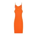 Front view of orange cowl neck mini dress with spaghetti straps and draped detailing - Orange