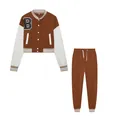 Set due pezzi giacca varsity e jogger marrone e bianco con stampa lettera B per donna - Marrone