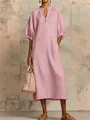Elegante vestido midi rosa de algodón y lino con mangas abullonadas y cremallera en V - S / Tops / Rosa