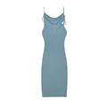 Detail view of a blue cowl neck bodycon dress with elegant shoulder tie straps. - Blue