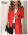 Detailed view of a vibrant orange-red women's casual long sleeve blazer with fake pockets - Red