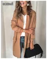 Detailed view of women's camel long sleeve casual blazer with stylish faux pockets - S / Tops / Khaki