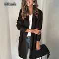 Elegant women's long sleeve black blazer jacket with stylish faux pockets for autumn wear - S / Tops / Black