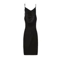 Elegant black bodycon mini dress with a draped cowl neckline and slim spaghetti straps - S / Dresses / Black