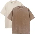 230g heavyweight pure cotton distressed wash short sleeve T-shirt in khaki and brown - S / Tops / 2PCS / Khaki and Brown Combination (Combination 38)