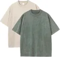 Set of two vintage washed heavyweight cotton T-shirts in beige and faded green - S / Tops / 2PCS / Cream and Khaki Green Combination (Combination 41)
