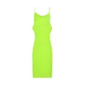 Detailed view of neon green bodycon dress featuring a draped neckline and thin straps for summer - Yellow