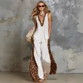 Chic white two-piece set with leopard print patchwork sleeveless top and wide pants - XS / Top And Bottom / Dark Brown