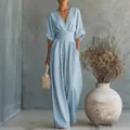 Elegant light blue V-neck jumpsuit featuring a cinched waist and wide leg summer design - S / Top And Bottom / Light Blue
