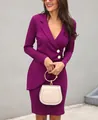 Close-up detail of a purple slim-fit professional blazer dress featuring elegant gold buttons. - S / Bottoms / Purple