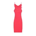Detailed view of hot pink cowl neck bodycon dress with spaghetti straps and side ties - Pink