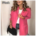 Vibrant pink casual long-sleeved blazer with faux pockets for women fashion - S / Tops / Pink