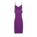 Detailed view of elegant purple bodycon dress with draped cowl neck and thin straps - S / Dresses / Purple