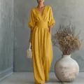Elegant mustard yellow V-neck wide-leg jumpsuit with high waist for a sophisticated look - S / Top And Bottom / Yellow