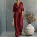 Elegant wine red V-neck jumpsuit with cinched waist and wide-leg design for women. - S / Top And Bottom / Burgundy