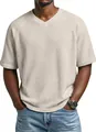 Men's stylish cream waffle knit V-neck T-shirt with raglan sleeves and soft texture - Apricot