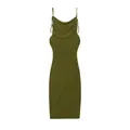 Front view detail of olive green backless bodycon midi dress with cowl neck drape - Olive Green