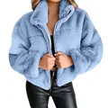 Close-up of a cozy light blue faux fur jacket with a full zipper for autumn and winter. - XL / Tops / Blue