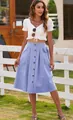 Woman wearing light blue button-up A-line midi skirt standing by a white wooden fence - S / Light Blue
