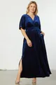 Elegant navy blue velvet maxi dress featuring a V-neckline and pleated detail for women - XL / Bottoms / Sapphire Blue