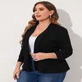 Detailed side view of a women's plus-size black blazer with an elegant peplum hemline - 2XL / Tops / Black
