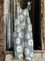 Detailed macro view of a retro light blue sleeveless jumpsuit with white daisy floral prints - S / Top And Bottom / Light Blue Daisy Print (Flower 2)