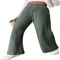 Close-up detail of women's green ribbed knit wide leg trousers styled with sneakers - S / Bottoms / Olive Green