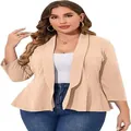Detail view of lightweight plus size casual blazer with an elegant ruffle peplum hem - Apricot